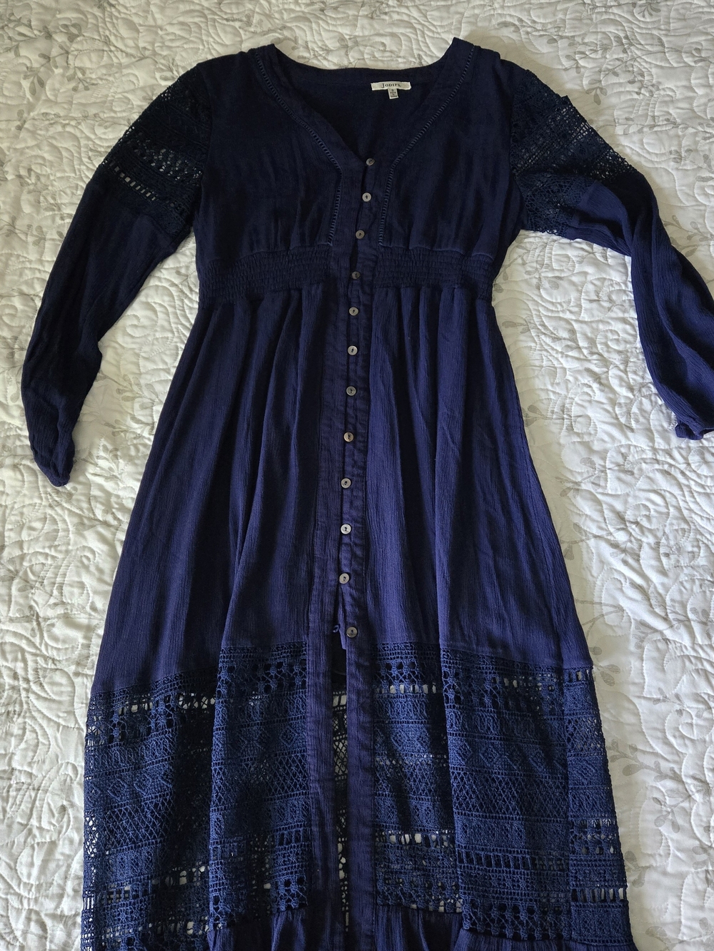 JODIFL Navy Crochet-Panel Button-Front Maxi Dress